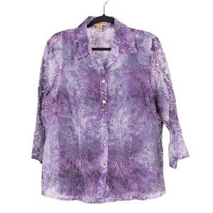 Y2K Sheer Blouse Tank Set XL Womens NEW Purple Floral Button Up Linen Blend